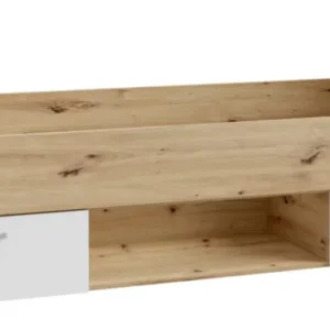 Jugendbett CULGOA 90 x 200 cm in Artisan Eiche und Weiß mit zwei Schubladen und offenem Mittelregal, Gesamtansicht von vorne.