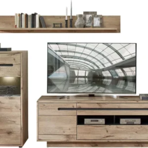 Wohnwand Wohnzimmerschrank BELLANO HH83 Viking Oak Nature mit LED in Gesamtansicht mit Wandregal, Highboard und TV-Board.