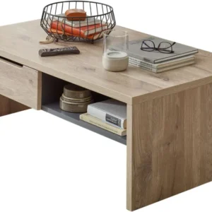Couchtisch BELLANO Viking Oak in Gesamtansicht mit Holzplatte, Schublade und offener Ablage.