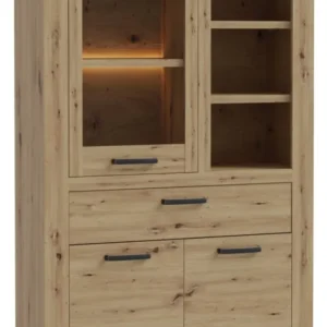 Highboard CORONA 3-trg. 1 Schublade in Artisan Eiche mit Glastür, offenen Fächern und Türen.