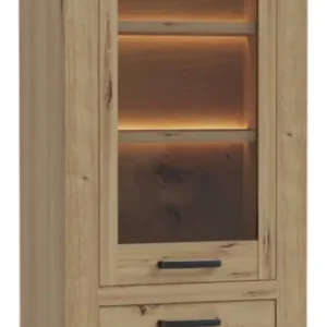 Vitrine CORONA mit Beleuchtung in Artisan Eiche, Gesamtansicht mit verglaster Obertür und LED-Beleuchtung in den Fächern.
