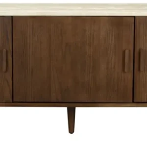 Sideboard ARDA mit Natursteinplatte, Gesamtansicht von vorne mit walnussbraunem Holzkorpus und beiger Steinplatte.