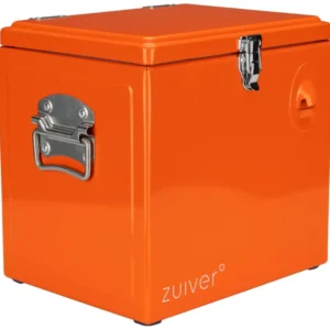 Gesamtansicht des ZUIVER Cooler Be Cute Orange Getränkekühlers in leuchtendem Orange mit Metallgriffen und Flaschenöffner.