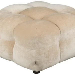 HACKMAN Hocker 100 x 100 cm Velours Beige von vorne mit geschwungenen gepolsterten Segmenten und schwarzen Füßen.