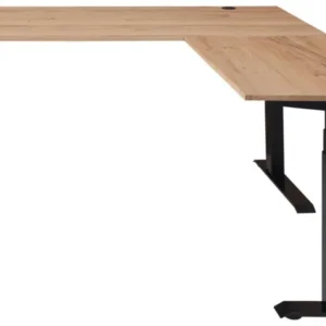 Höhenverstellbarer Eckschreibtisch SONOS aus Altesche mit schwarzem Metallgestell in Gesamtansicht von oben.