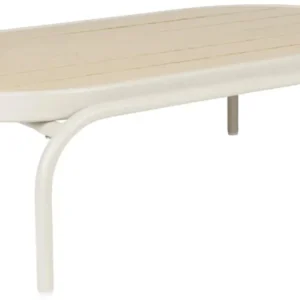 Outdoor Couchtisch VISTA oval mit ovaler Nonwood-Tischplatte und cremefarbenem Aluminium-Gestell in Gesamtansicht.