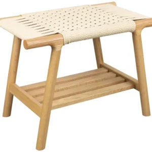 Sitzbank Hocker Kintaro aus Eiche in Natur mit cremefarbenem Seilgeflecht und Ablage, Gesamtansicht.