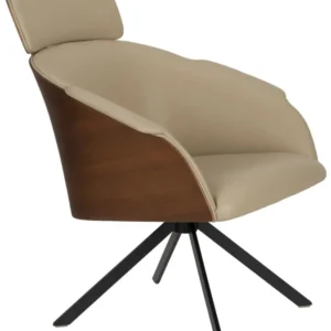 Lounge Sessel Frie mit beigefarbenem Bezug, Holzschale und schwarzem Drehgestell, Gesamtansicht.