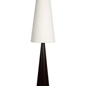 Stehlampe Miki Bouclé mit konischem schwarzem Eisengestell und creme-weißem Stoffschirm, Gesamtansicht.