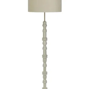 Stehlampe Totem Beige mit gedrechseltem Holzschaft und rundem Stoffschirm in Gesamtansicht.