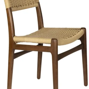 Dutchbone Stuhl Cecile Walnut mit Holzgestell und geflochtenem Papierseilbezug in Gesamtansicht.