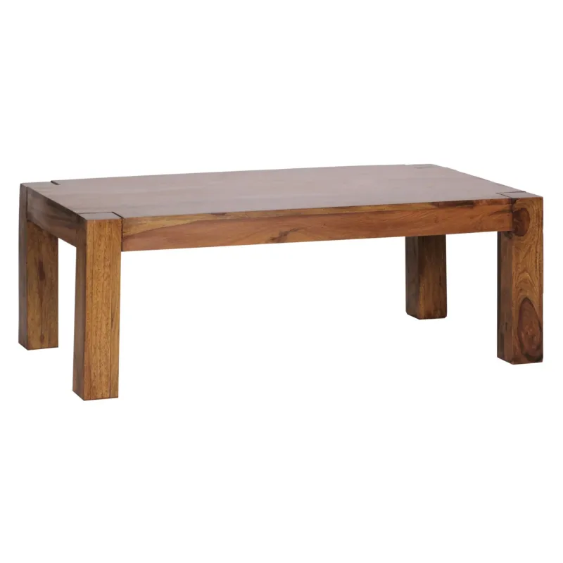 Couchtisch Sheesham Massivholz 110cm Dunkelbraun in Gesamtansicht mit massiven Holzbeinen und rechteckiger Platte.