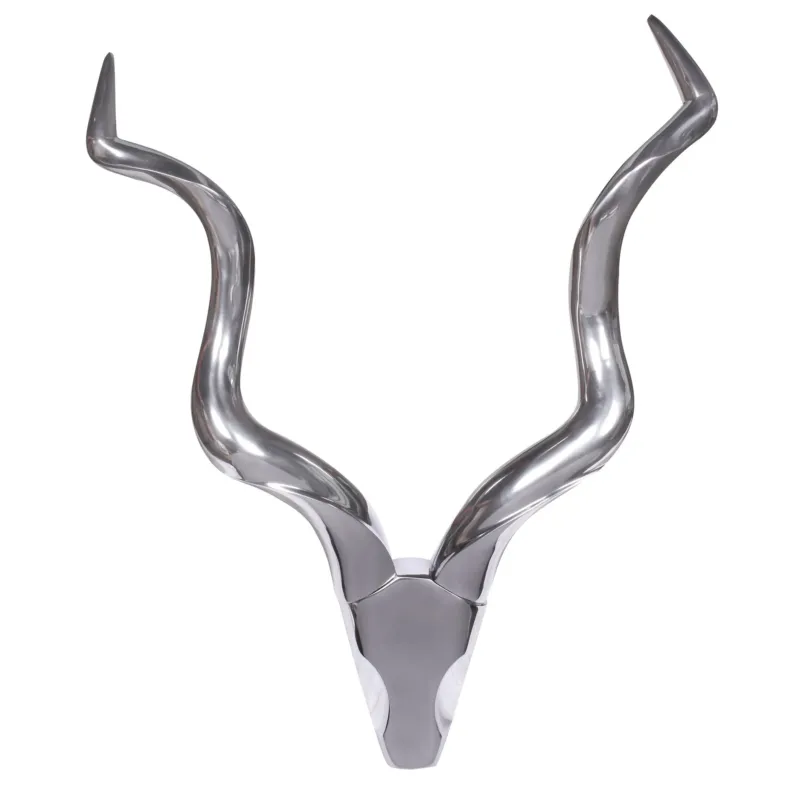 Hirschgeweih Wanddeko 80cm Aluminium Silber mit geschwungenen Hörnern, Frontansicht.