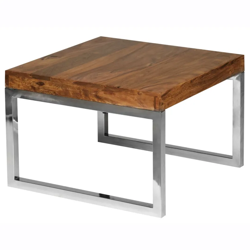 Beistelltisch GUNA mit massiver Sheesham-Holzplatte in Dunkelbraun und silbernem Metallgestell, Gesamtansicht.