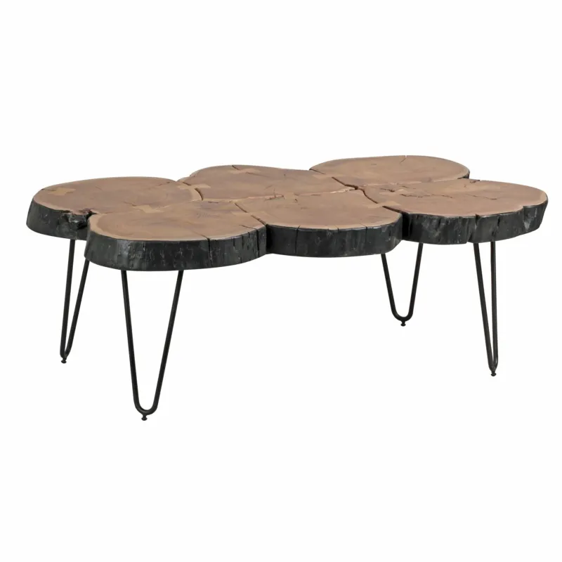 Couchtisch Bagli 115cm mit Akazie-Massivholzplatte in Baumscheiben-Form und schwarzen Metallbeinen, Gesamtansicht.