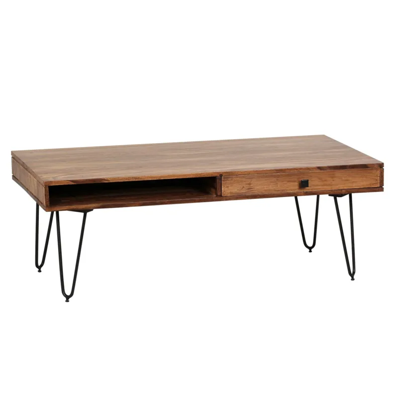 Couchtisch BAGLI Sheesham 110cm mit offener Schublade und Metallbeinen in Gesamtansicht.