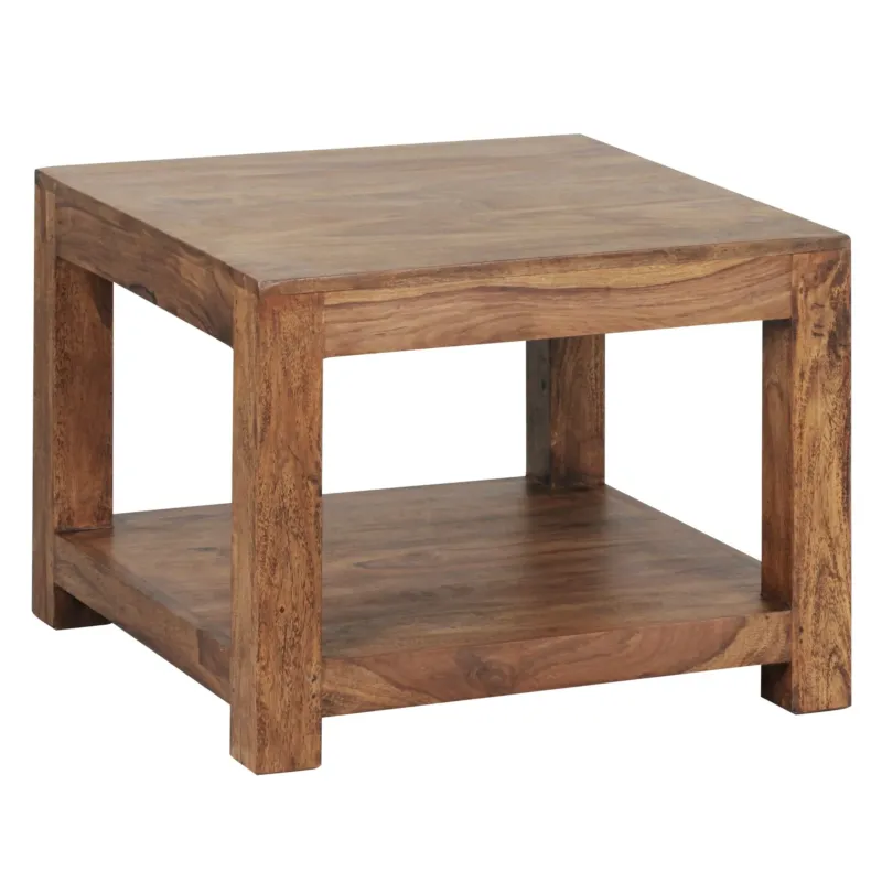 Couchtisch Mumbai Sheesham 60x60cm Landhausstil dunkelbraun in Gesamtansicht mit massiver Holzstruktur und offener Ablage.