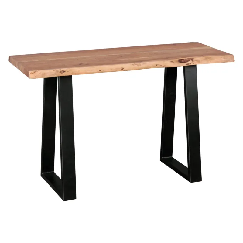 Konsolentisch GAYA 120cm mit massiver Akazie-Baumkanteplatte und schwarzem Metallgestell in Trapezform, Gesamtansicht.