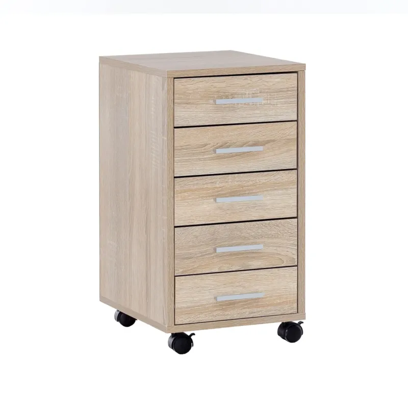 Rollcontainer Sonoma Holz mit fünf Schubladen und schwarzen Rollen in Gesamtansicht.