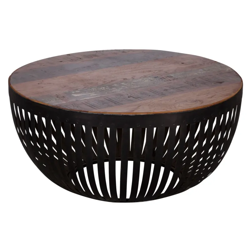 Gesamtansicht des runden Couchtischs mit Holzplatte in Braun und durchbrochenem Metallgestell in Schwarz.