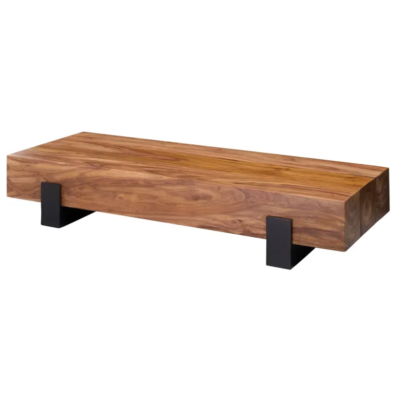 Couchtisch Sheesham Massivholz Metall in Braun und Schwarz mit massiver Holzplatte und schwarzen Metallfüßen, Gesamtansicht.