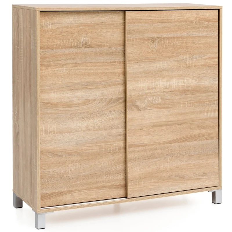 Schuhschrank WL5.713 in Sonoma-Holzoptik mit zwei Schiebetüren und Metallfüßen, Gesamtansicht.