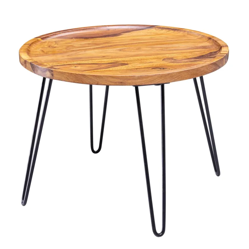 Runder Couchtisch Sheesham Massivholz mit schwarzen Haarnadel-Metallbeinen in Gesamtansicht.