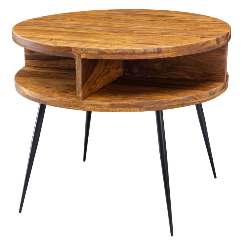 Runder Couchtisch Sheesham mit offener Mitteletage und schwarzen Metallbeinen in Gesamtansicht.