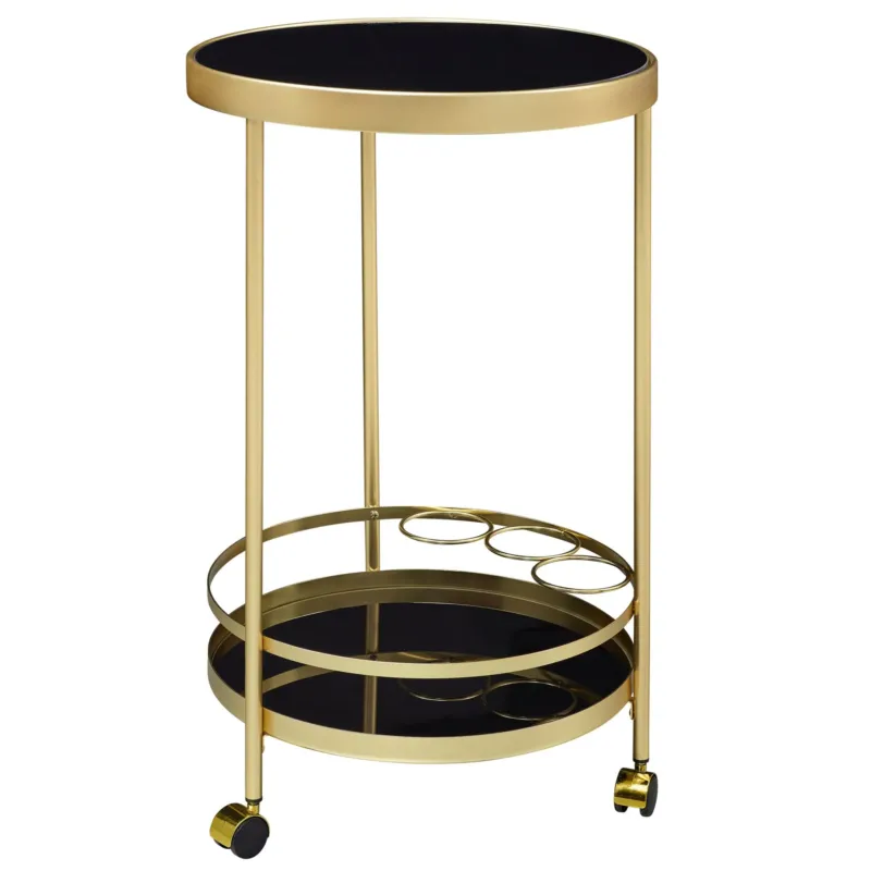 Servierwagen Gold Rund mit zwei schwarzen Glasplatten und goldenen Rahmen in Gesamtansicht.