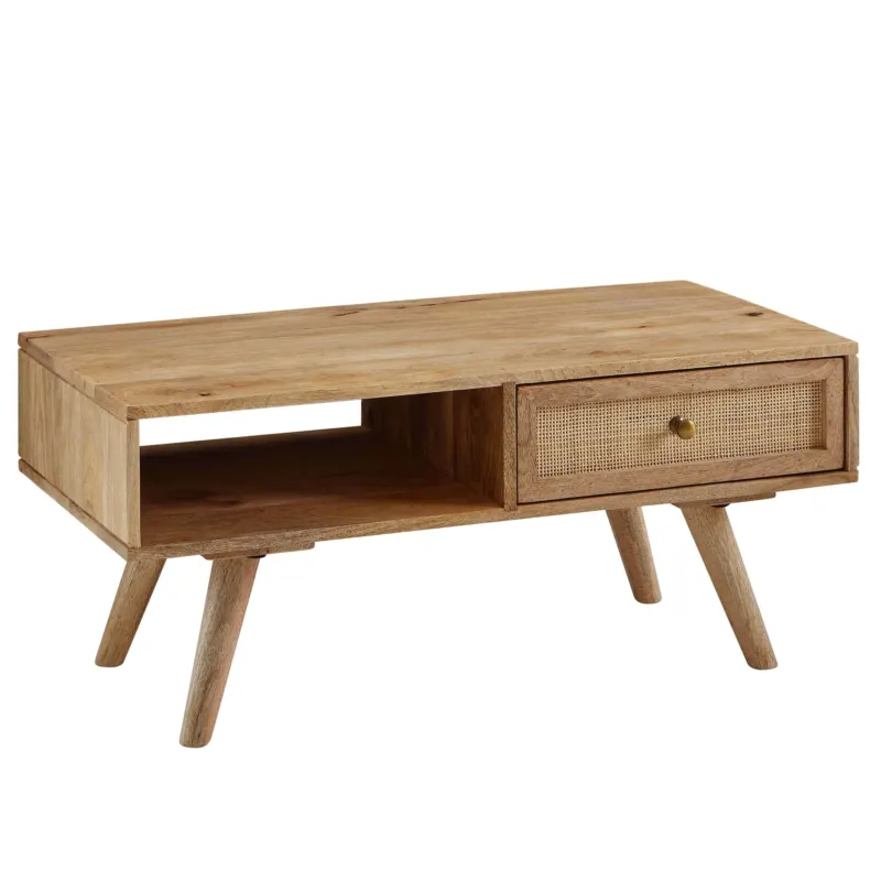 Couchtisch Mango Massivholz Rattan 90x40x45cm, Gesamtansicht von vorne mit offener Ablage und Schublade.