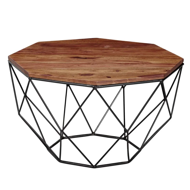 Couchtisch Sheesham mit achteckiger Holzplatte und geometrischem Metallgestell in Gesamtansicht.