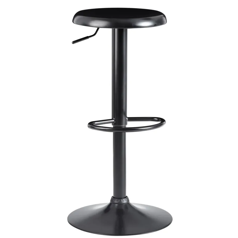 Barhocker Schwarz Metall 58-79cm Drehbar Design Küchenhocker mit runder schwarzer Sitzfläche und Gasdruck-Höhenverstellung.