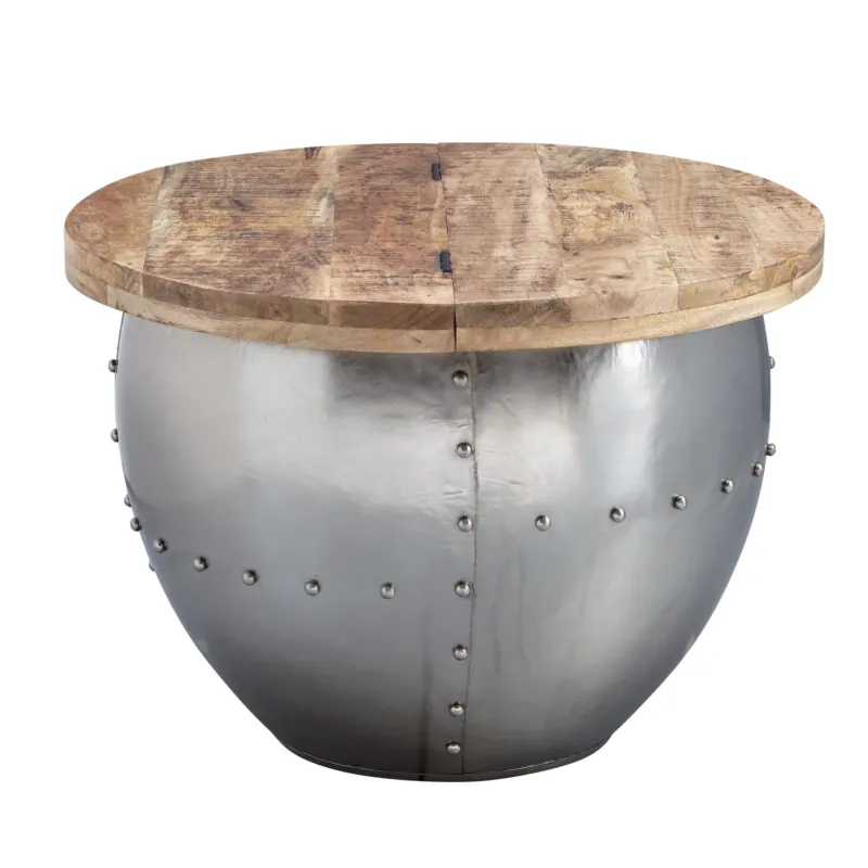Couchtisch Mango Massivholz Metall Rund mit Holzplatte und vernietetem Metallgestell in Industrial-Optik.