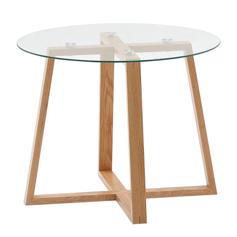 Couchtisch Eiche Massivholz Glas Rund mit runder Glastischplatte und Holzgestell in Kreuzform, Gesamtansicht.