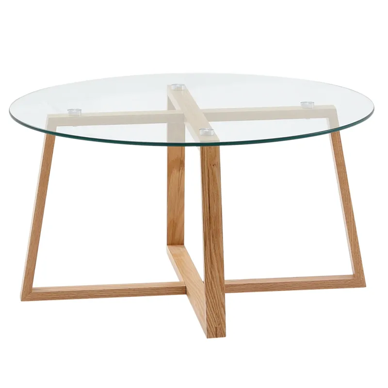 Runder Couchtisch Eiche Massivholz Glas mit Glasplatte und Holzgestell in Kreuzform, Gesamtansicht.