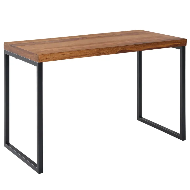 Schreibtisch Sheesham Massivholz Metall in Gesamtansicht mit Holzplatte in Dunkelbraun und schwarzem Metallgestell.