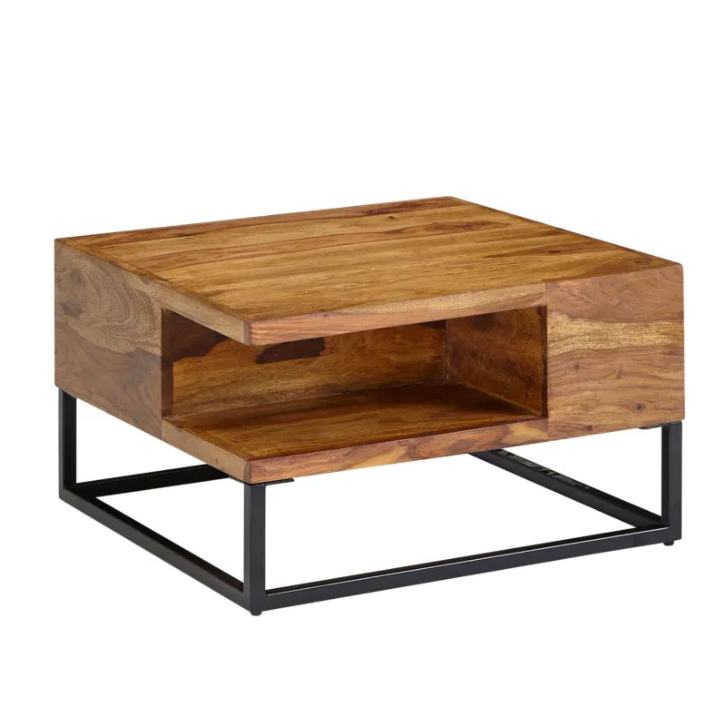 Couchtisch Sheesham Massivholz Metall 60x60x34,5cm mit offenen Fächern und schwarzem Metallgestell in Gesamtansicht.