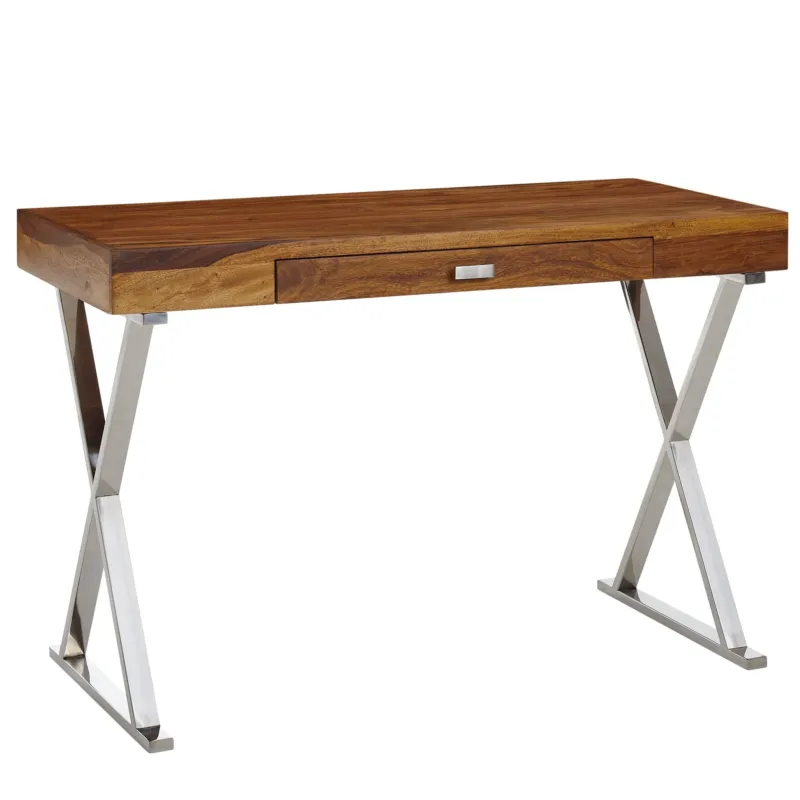 Schreibtisch 120x55x78cm Sheesham Massivholz mit Chrombeinen und Schublade in Gesamtansicht.