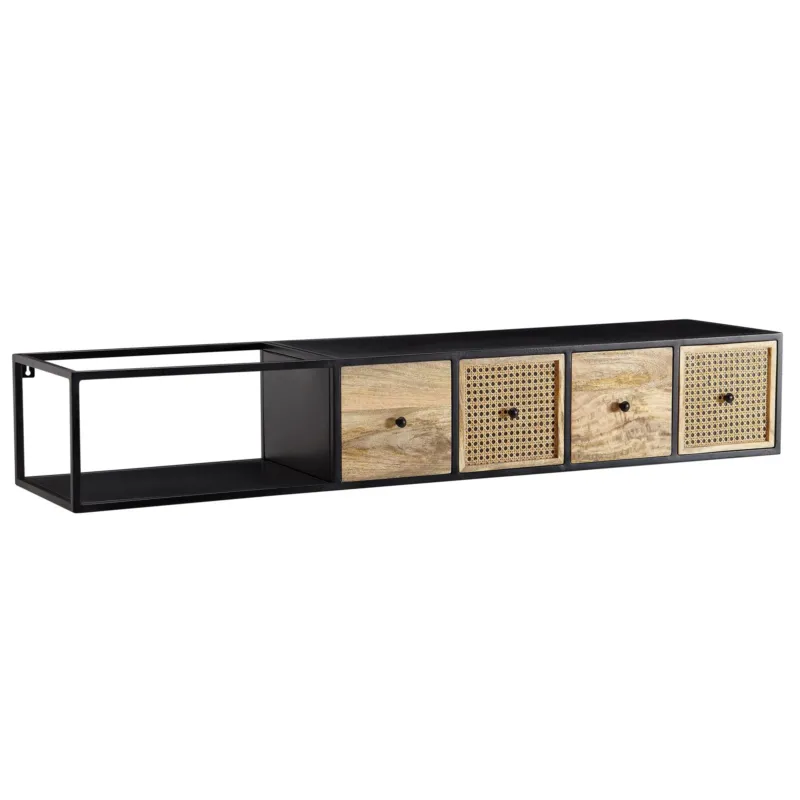 Wandmontiertes Lowboard Mango Massivholz Metall 150x25x35cm Schwarz Modern in Gesamtansicht mit schwarzem Rahmen und Rattan-Flechtwerk.
