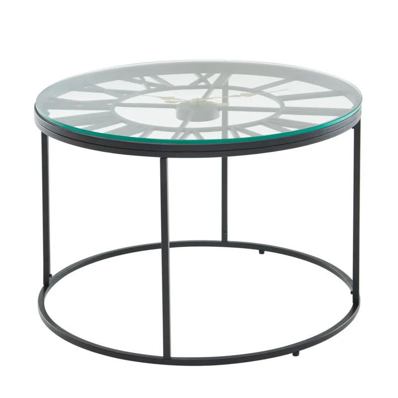 Runder Couchtisch Glas Metall mit schwarzem Metallgestell und Glasplatte, Gesamtansicht.