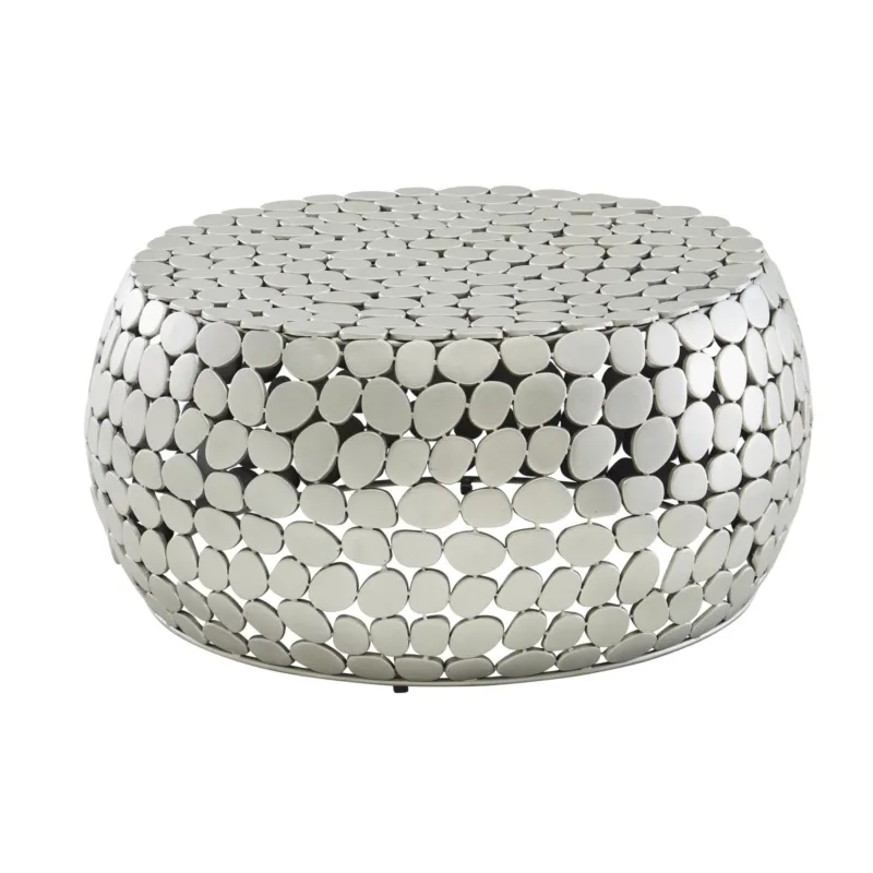Couchtisch Aluminium Silber Rund mit kugelförmiger Oberfläche aus Metallelementen in Gesamtansicht.