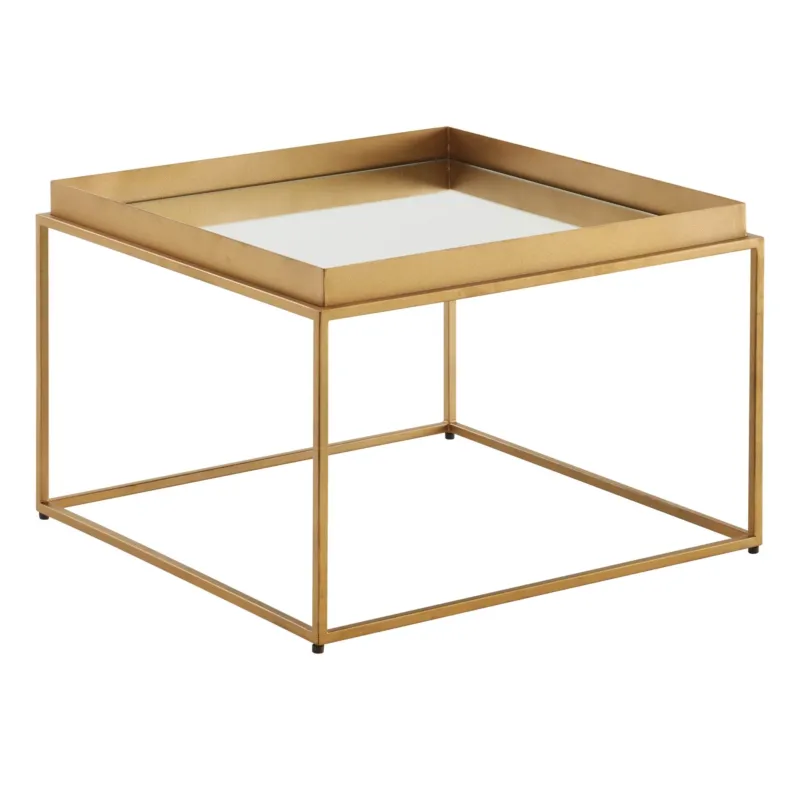 Couchtisch Glas Metall mit goldener Metallrahmen und weißer Glasplatte in Gesamtansicht.