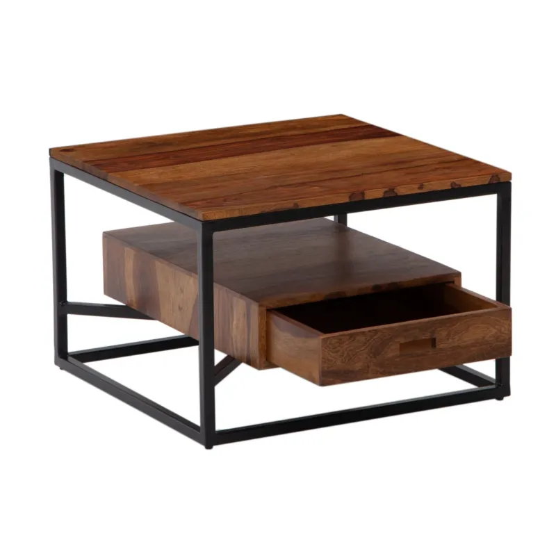 Couchtisch 60x60x40cm Sheesham Massivholz Metall mit ausziehbarer Schublade in Gesamtansicht von vorne.