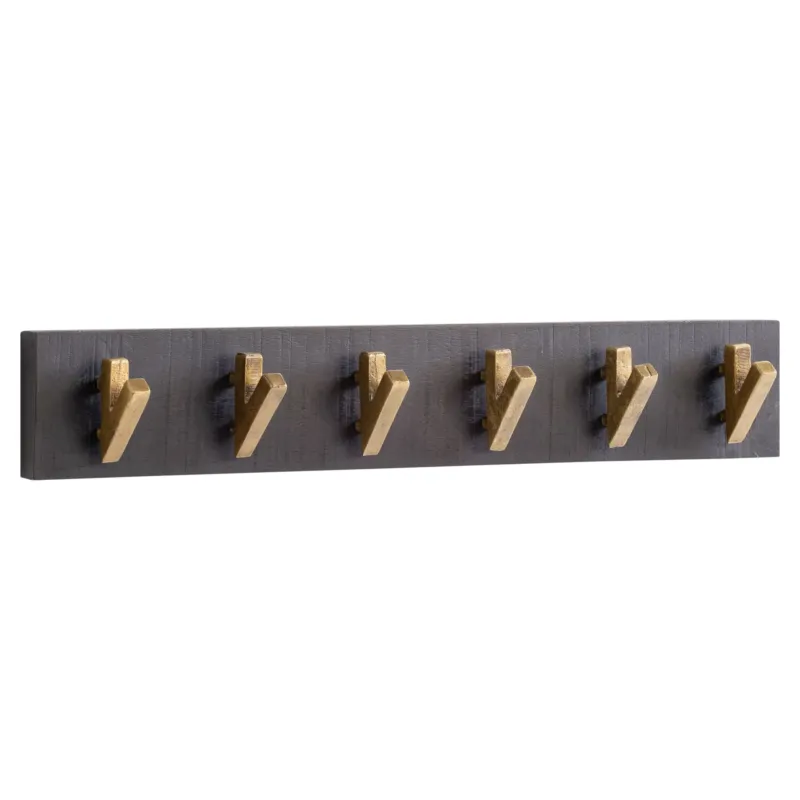 Wandgarderobe Mango Massivholz Metall mit sechs goldfarbenen Haken auf schwarzem Rahmen, Gesamtansicht.