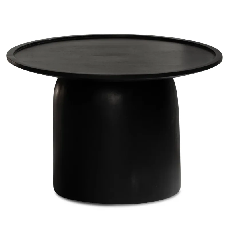 Couchtisch Mango Massivholz Rund 60x60x40cm Schwarz mit runder Tischplatte und zylindrischem Trommelgestell.
