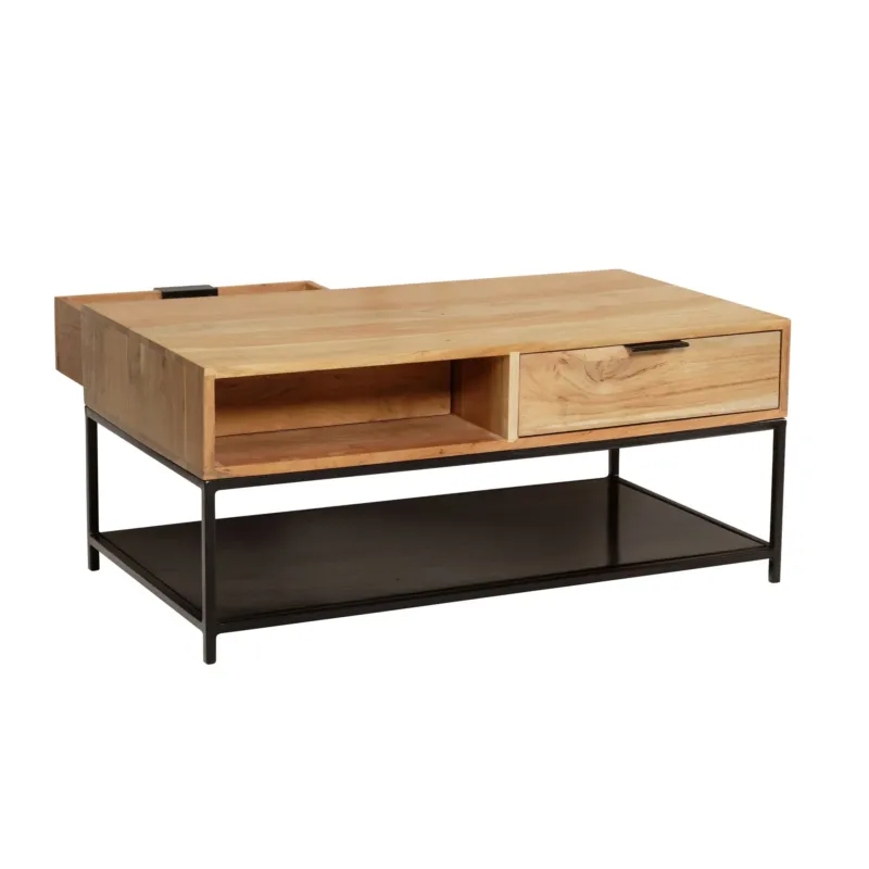 Couchtisch Akazie Massivholz mit Schublade rechts, offener Ablage links und schwarzem Metallgestell.