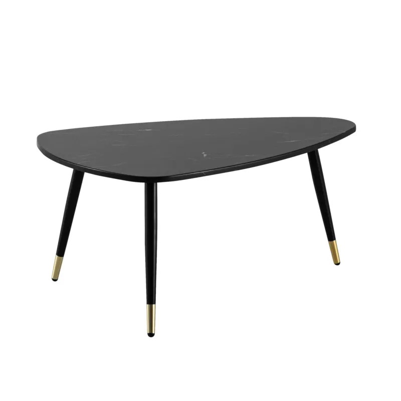 Couchtisch Dreieckig 90x60x41cm Marmoroptik Schwarz mit goldfarbenen Kappen in Gesamtansicht.