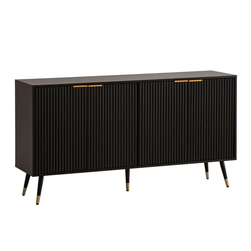 Sideboard 150x81x39cm Schwarz Eiche-Dekor in Gesamtansicht mit gerillten Türen und goldenen Metallbeinabschlüssen.