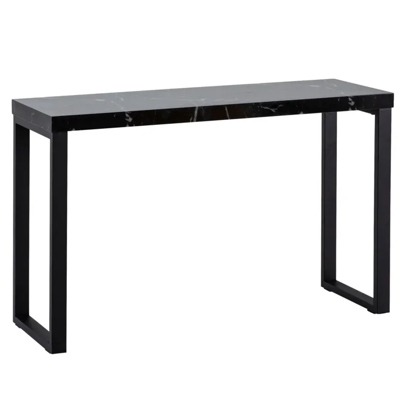 Konsolentisch Marmor-Optik Schwarz Hochglanz mit schwarzen Metallbeinen in Gesamtansicht von vorne.
