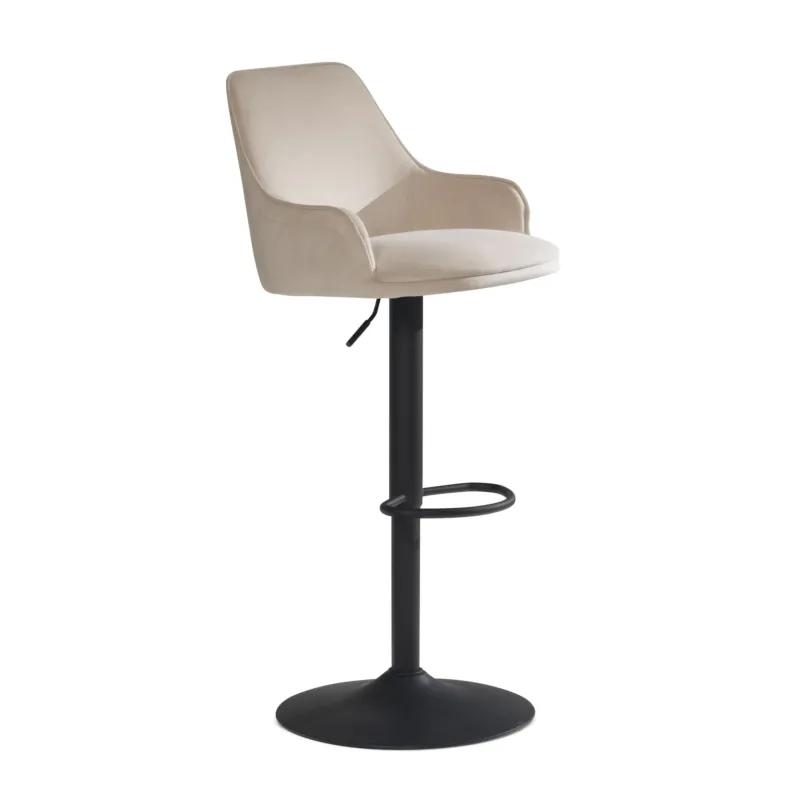 Barhocker Samt Beige höhenverstellbar mit beigefarbenem Samtbezug und schwarzem Metallfuß in Gesamtansicht.